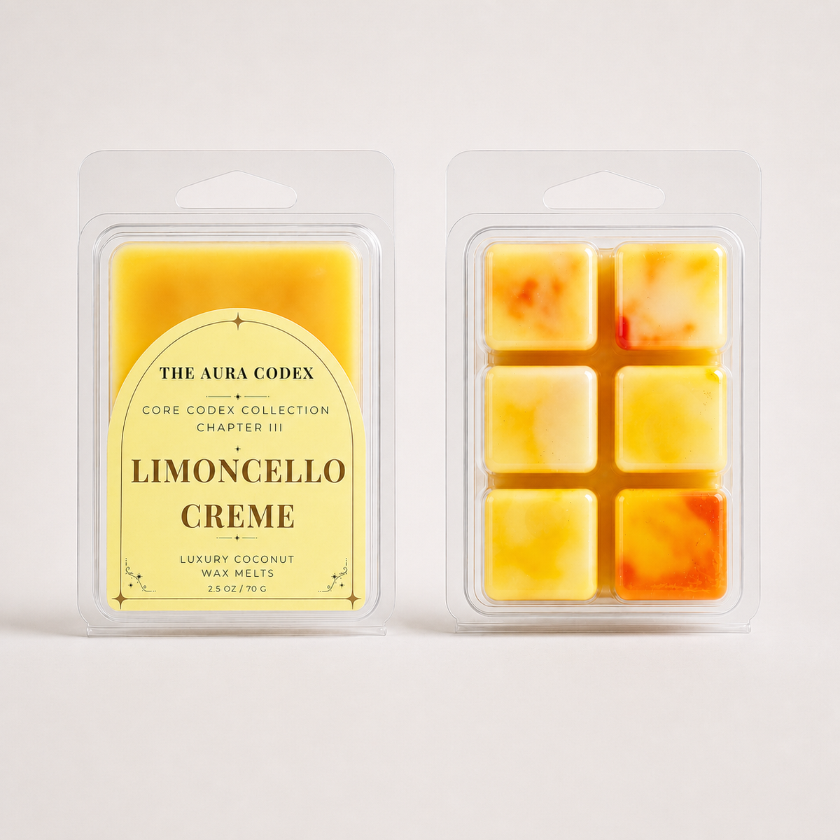 Two clear plastic clamshell packages of wax melts on a light neutral background. The left package is labeled 'The Aura Codex' and 'Limoncello Creme', showing a single yellow wax melt inside.