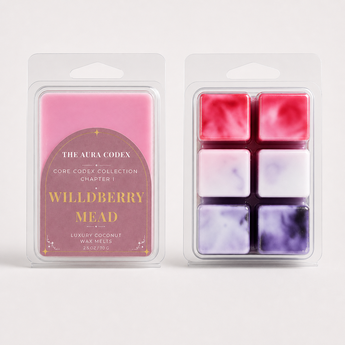 Two packaged wax melts on a light gray studio background. The left package shows a pink wax melt labeled 'The Aura Codex' and 'Willdberry Mead.