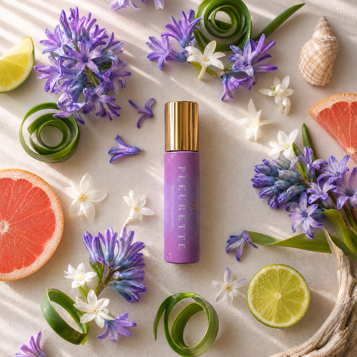 A purple cosmetic roller bottle with a gold cap, labeled "fleurette"