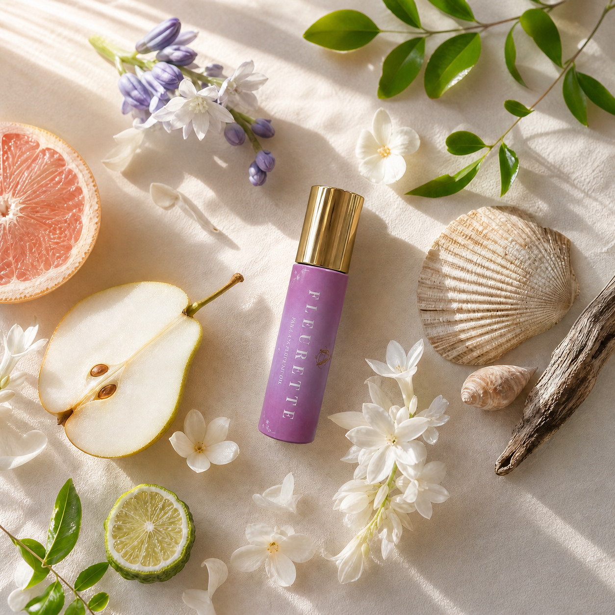 A purple cosmetic roller bottle with a gold cap, labeled 'Fleurette', styled in a flat lay with a sliced pear, grapefruit, lime, seashells, white flowers, and green leaves on a sunlit cream fabric background.